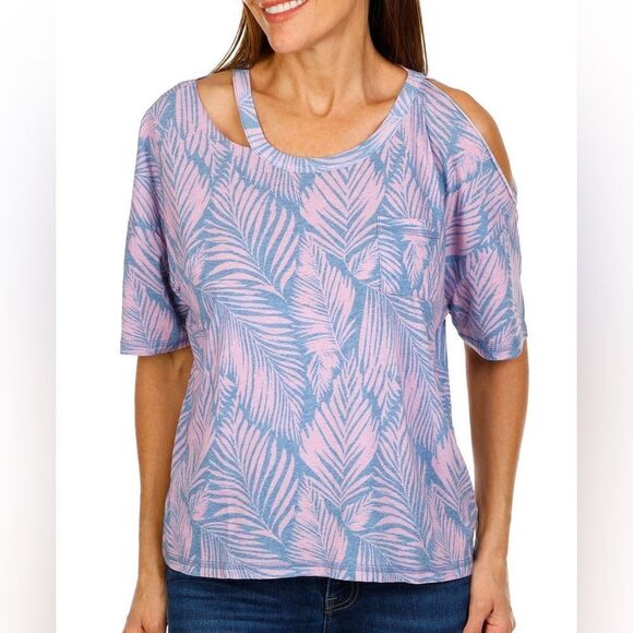 NWT Chaser Leaf Print Cold Shoulder Pink and Blue Top - Picture 3 of 9